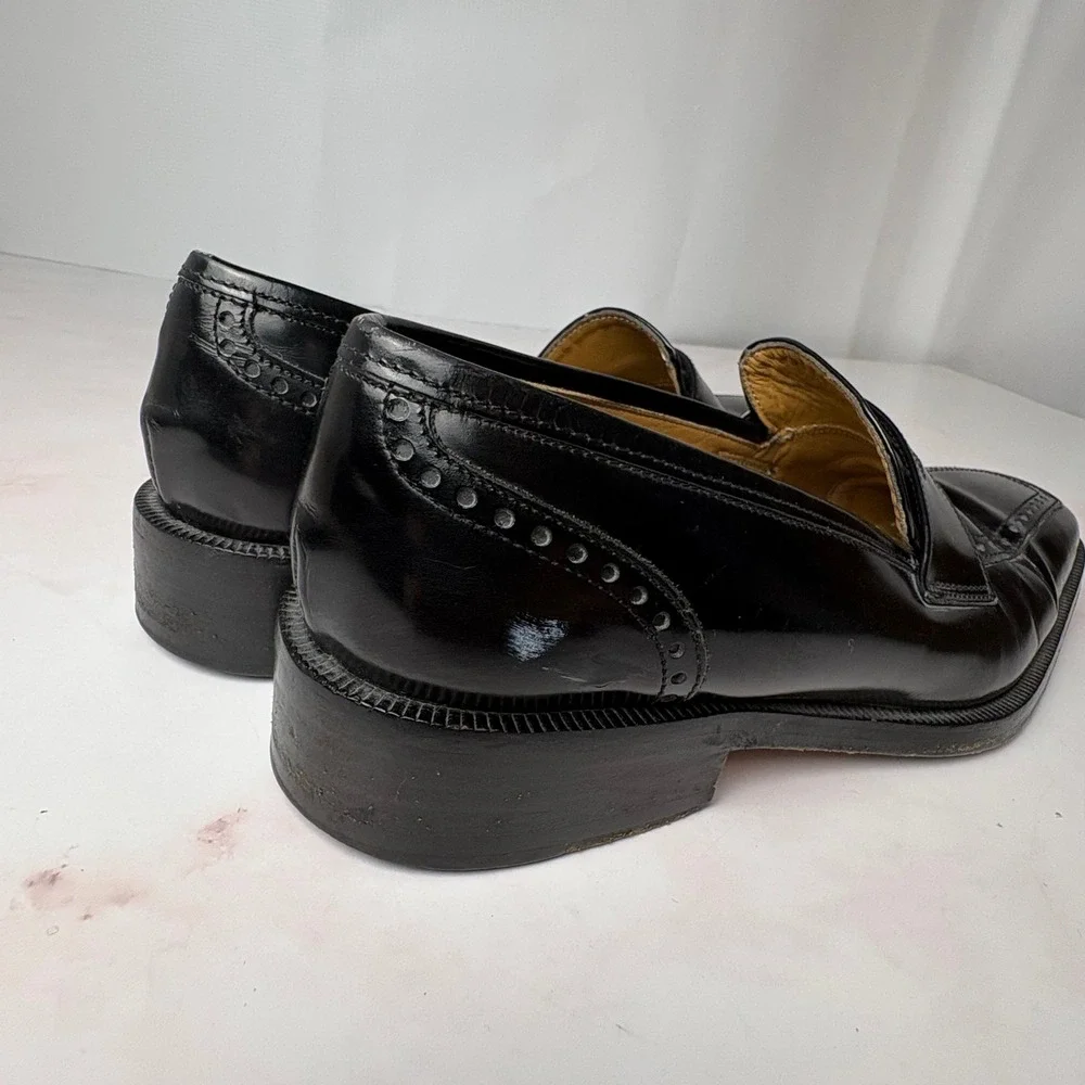 Santoni Fatte a Mano Handmade in Italy Men Black Leather Square Toe Loafers 37.5